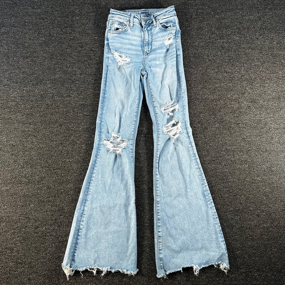 American Eagle Flare Jeans Womens 0 Light Blue Good Distressed Raw Hem Stretch